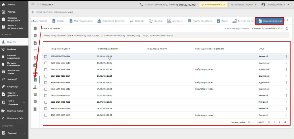 Розділ Плани лікування у вкладці Зведена інформація